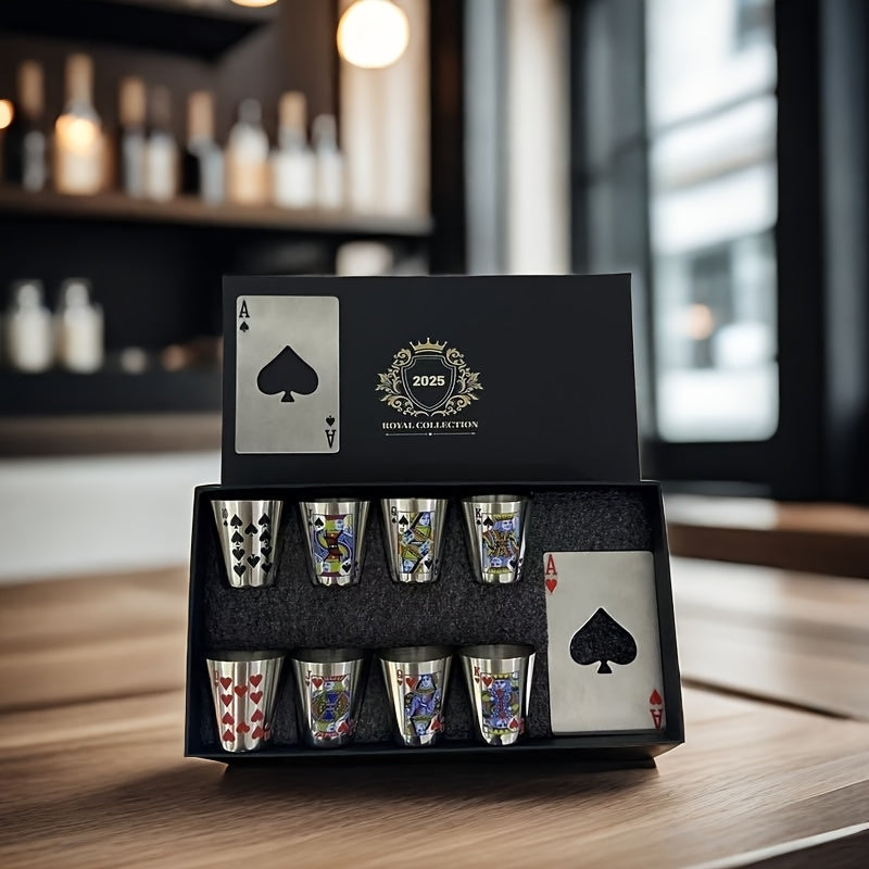 Coffret de 8 verres à whisky en acier inoxydable avec 2 ouvre-bouteilles design Poker, ensemble cadeau pour amateurs de whisky, cocktails et spiritueux, avec boîte de rangement élégante.